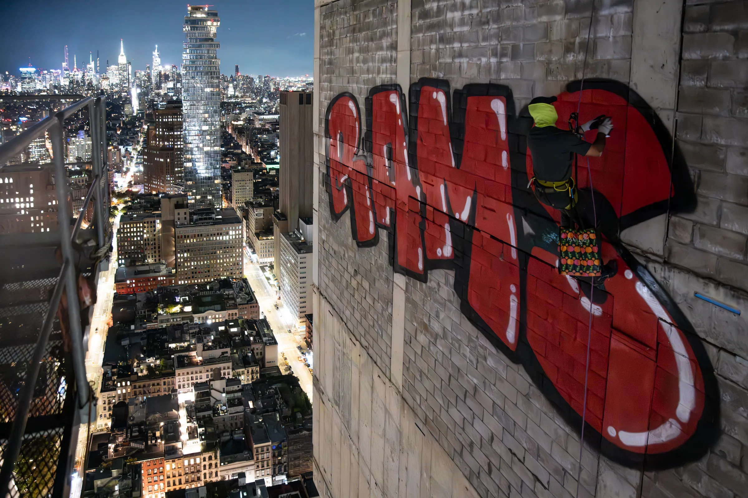 RAMS mid-paint, high above the streets of NYC