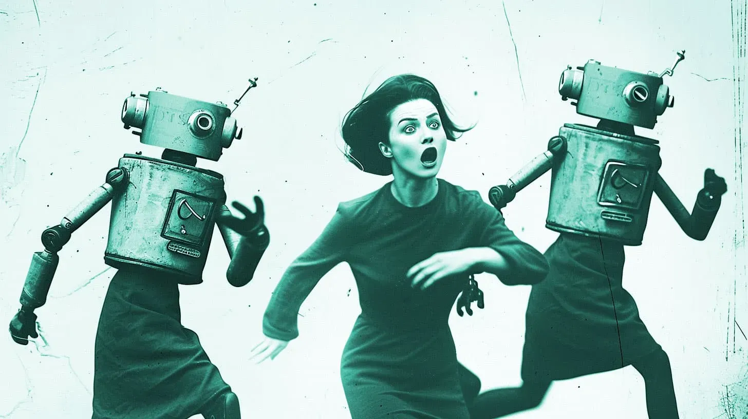 A retro-looking picture of some robots chasing a woman
