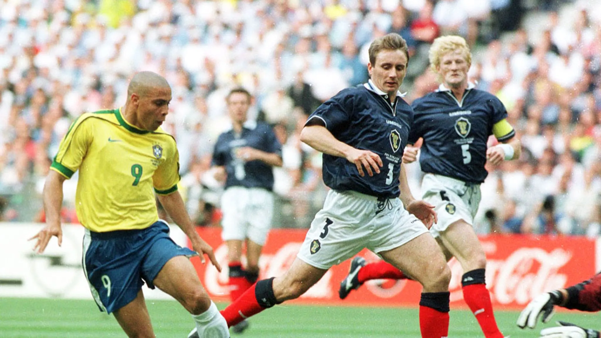 Scotland facing Brazil in the 1998 World Cup. Picture shows Ronaldo (Brazil), Tom Boyd and Colin Hendry (Scotland)