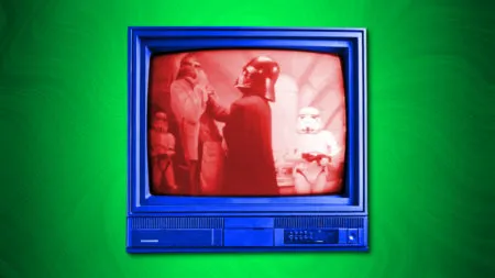 A blue TV on a green background. The TC shows Darth Vader choking a man.