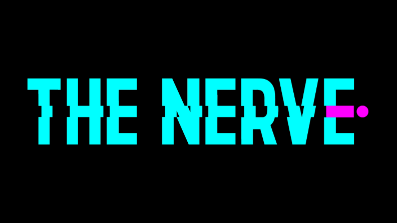 The Nerve logo. Lettering in cyan with a stylised, pink "i" forming the central stem of the final uppercase "E"